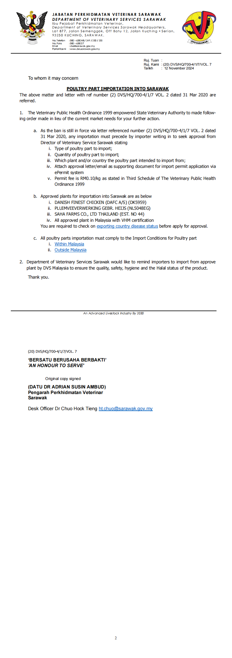 Poultry Part Importation Into Sarawak